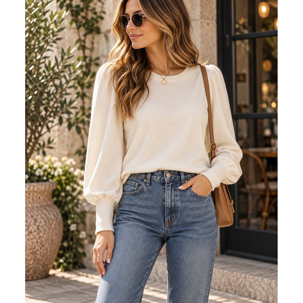 Madewell‎ Top Women XS Cream Brushed Puff Sleeve White Minimalist Coquette